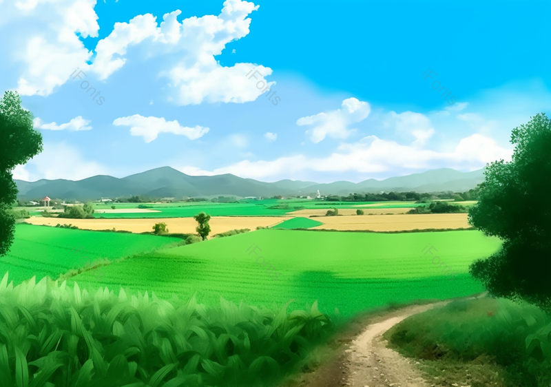 绿树农田绿油油的麦田手绘风景画,插画/手绘图,插画/手绘图库,插画/手绘图下载,插画/手绘